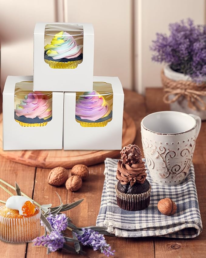 Bakepacker Auto-pop up Cupcake Boxes 200-Packs White 3.5" x 3.5" x 3.5", for Cake, Treat Cookie Dessert, Pastry, Birthday Party, Weddings