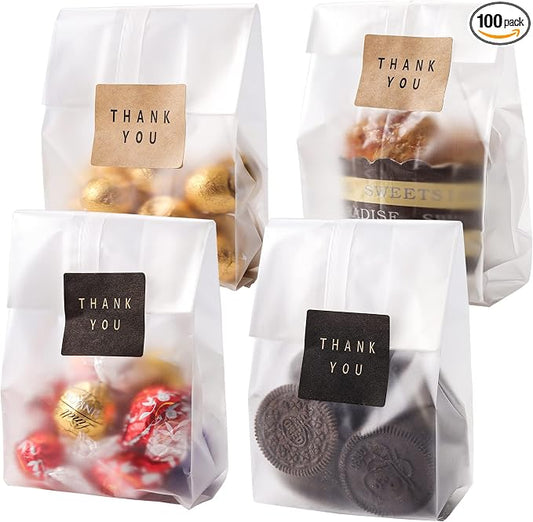 Cookie Bags for Packaging, 100 Pack Treat Bags with Thank You Stickers, 9 x 3.4 Inch for Individual Muffins, Brownies, Candy, Party Favors and Graduation Gift Bags
