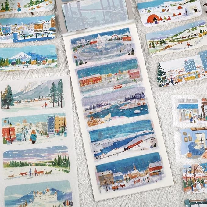 20 Sheets Pre-Cut Winter Scenery Scrapbook Sticker Book for Scrapbooking Supplies, Dual Washi and PET Materials Decorative Stickers for Journaling, Collage, Bujo, Crafts, 4.5 x 9.8 inches