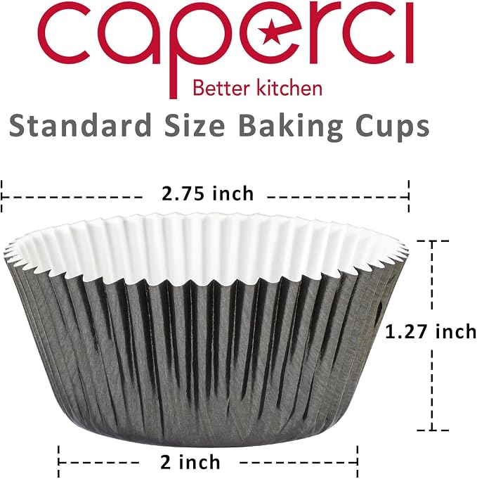 Caperci Black Foil Cupcake Muffin Liners Standard Size Baking Cups 150-Pack - Premium Greaseproof & Sturdy