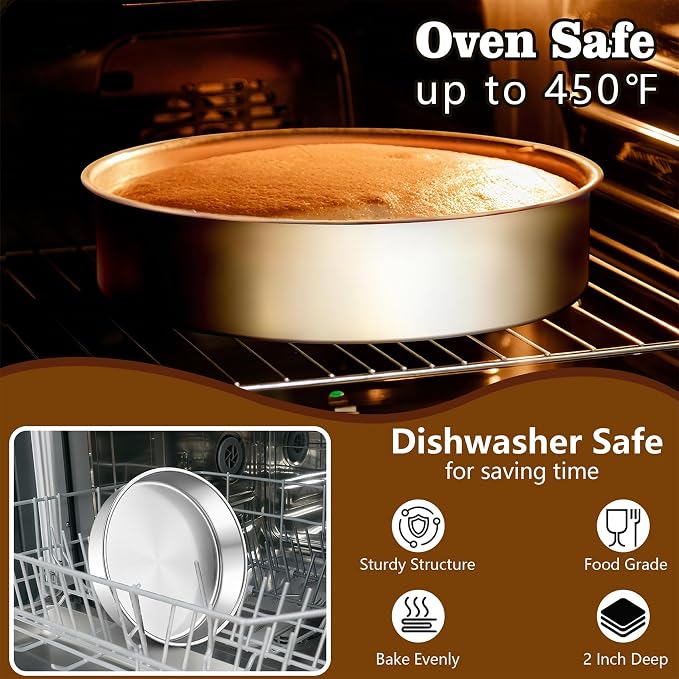 LIANYU 9 Inch Round Cake Pan Set of 3, Stainless Steel Layer Deep Round Baking Cake Pan Set, Metal Baking Tins Mold Perfect for Brownie Lasagna, Dishwasher & Oven Safe