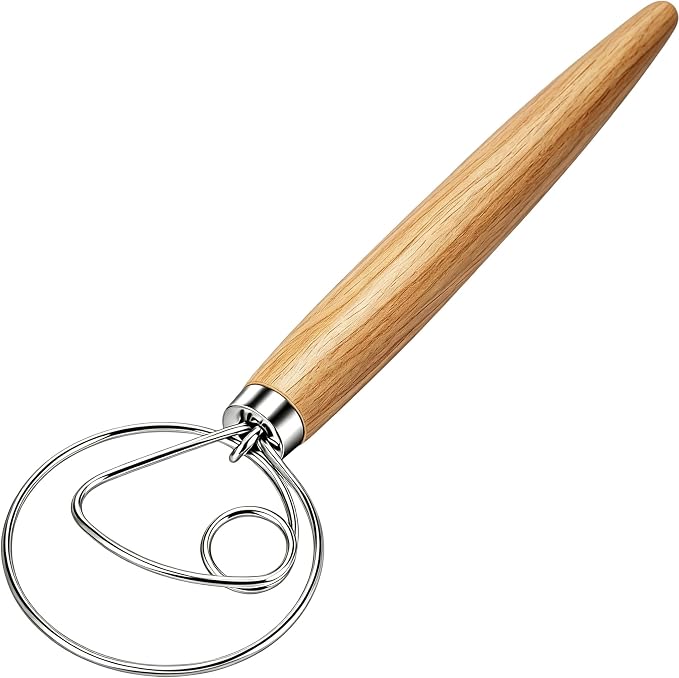 Danish Dough Whisk Stainless Steel Hook Dutch Bread Mixer for Sourdough Baking Hand Tool with Wooden Handle Making Blending Pastry Pizza Dough