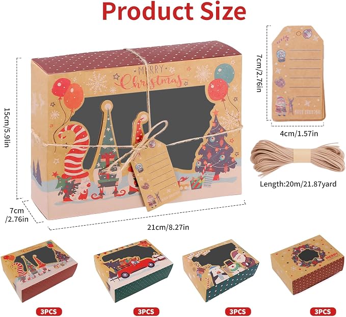 12 PCS Christmas Cookie Boxes for Gift Giving, Christmas Bakery Treat Boxes with Window, Holiday Cookie Boxes with Ribbons and Tags for Xmas Party Supplies Cookie Containers Treat Tins