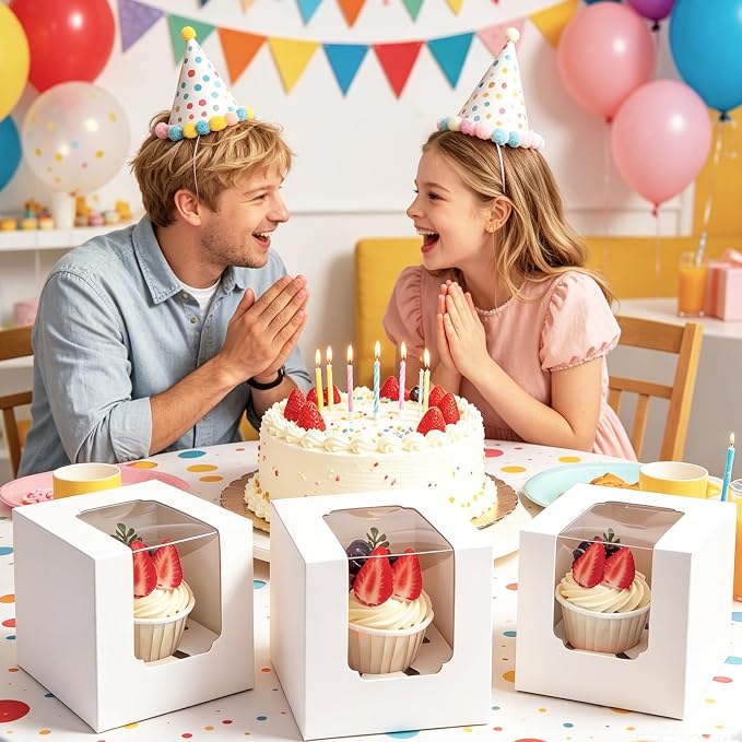 30 Pack Single Individual Cupcake Boxes with Window & Inserts, Auto Pop Up Stackable Food Grade Disposable Muffin Containers 3.5x3.5x3.5 Inch White To Go Bakery Party Favor Gift Boxes
