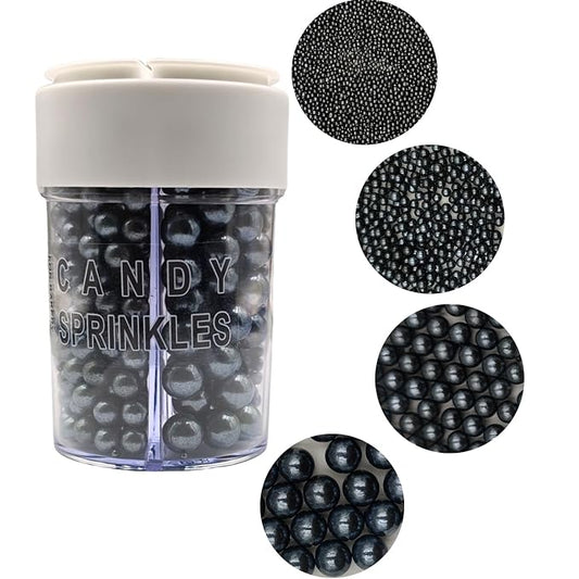 4 in 1 Edible Black Pearl Sugar Sprinkles 6 oz, 4 sizes Candy Pearls Ideal for Baking, Cake and Cupcake Toppers, Cookie Decoration, Ice Cream Topping, Wedding Shower Valentines Halloween Christmas