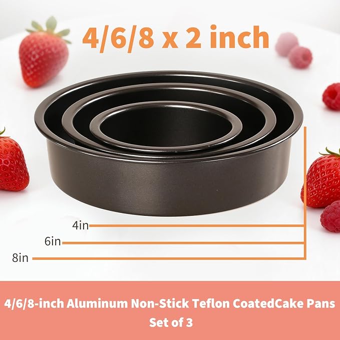 3-Piece Round Cake Pans Set (4", 6", 8"), Heavy-Duty Carbon Steel Baking Pan Set for Layer Cakes and Deep Dish Pizzas, Non-Stick Professional Tiered Cake Molds, Straight Side & Dishwasher Safe, Grey