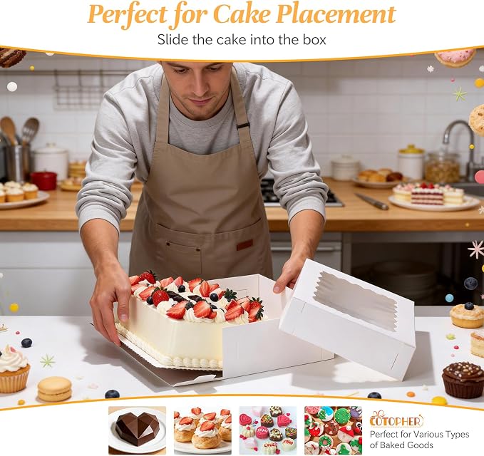 COTOPHER 14x10x4 In Sheet Cake Boxes, 16 Pcs White Bakery Boxes with Large Window (8 Boxes & 8 Boards), Cake Containers for Quarter Cakes, Donuts, Cupcakes, Brownie, Pastry & Pies Packaging