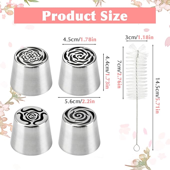 Large Flower Russian Piping Tips Set, Stainless Steel Rose Floral Pastry Nozzles for Buttercream Cupcakes Cookies Fondant, Include 4 Flower Frosting Nozzles Icing Tips and 1 Cleaning Brush
