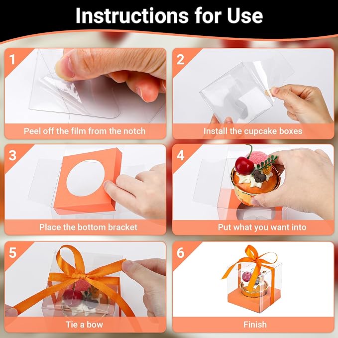 EUSOAR Individual Cupcake Boxes, 12 Pack 3.5 Inch Transparent Dessert Pastry Muffin Cupcake Containers with Inserts and Ribbon, Muffins Gift Holder Mini Cake Carrier for Wedding Party Favor Bakery