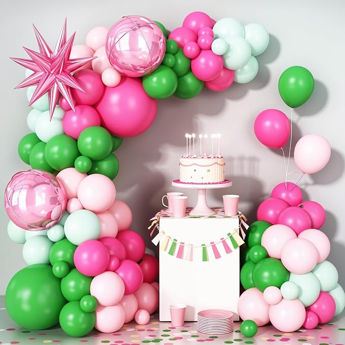 Pink Green Balloon Arch Garland Kit with Star Foil Balloons 4D Round Ball Balloons for Woodland Baby Shower Wedding Tropical Safari Birthday Party Decorations
