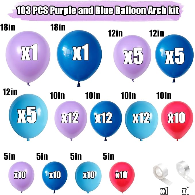 Blue and Purple Balloon Garland Kit, 103 PCS Arch Kit With Dark Light Blue Light Purple Balloons, Lilac and Colorful for Kids Girls Birthday Carvinal Theme Party