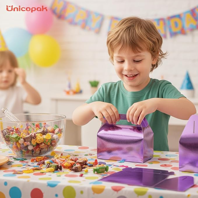UnicoPak 30 Pack Purple Party Favor Bag Boxes, Gable Gift Boxes for Treats Goodies Cookies Candies, Ideal for Purple Party Favors, Theme Birthday Party, Valentine's Day, 6.5x3.5x3.5 Inches