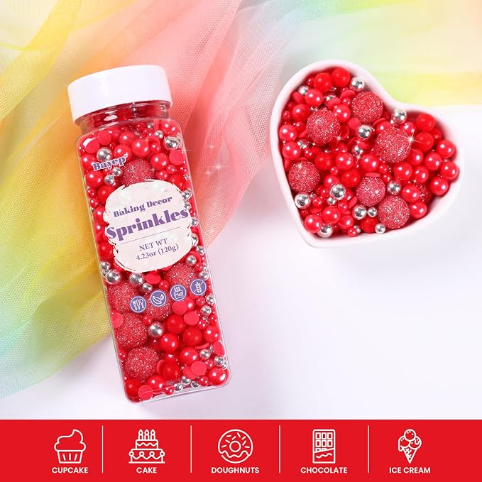 Red Sprinkles for Baking 4.23ounce - Sparkle Pearl Candy for Cupcake Toppers, Ice Cream, Candy, Cookie Decorations - Silver Sprinkles for Valentines Bridal Shower Wedding Party