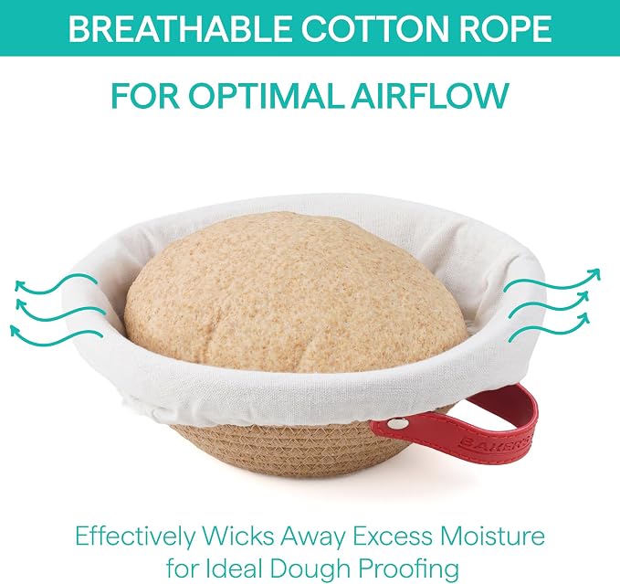 Baker's Secret Cotton Rope Banneton Bread Proofing Basket Set, 2 x Round Bread Basket with Liners & Covers for Artisan Bread Baking, Sourdough Bread Baking Supplies