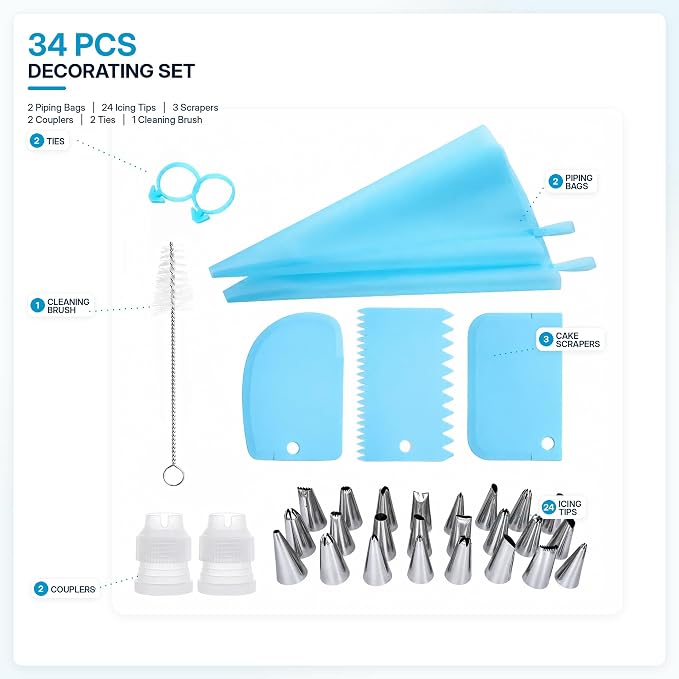 34 PCS Cake Decorating Supplies Kit, Reusable Piping Bags and Tips Set with 24 Stainless Steel Icing Tips, 3 Cake Scrapers, 2 Couplers, Ties and Cleaning Brush for Baking