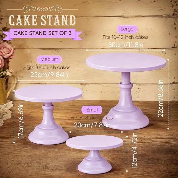 Three-piece Cake Stand Set, Metal Round Trays, 8-inch, 10-inch, and 12-inch, for Dessert Table displays; Perfect for Christmas, Thanksgiving, Birthdays, Weddings, and Other Celebrations(Purple)