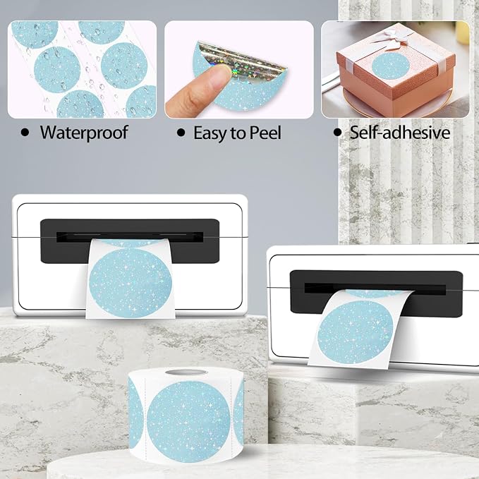 2''Holographic Thermal Label,Round Self-Adhesive Direct Thermal Label,Thermal Stickers for DIY Logo Design,Name Tag (300/Roll Blue Starry Sky