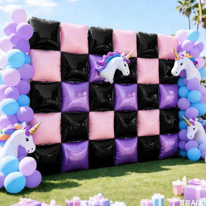 NISOCY 25PCS Purple Pink Black Square Foil Balloons Wall Backdrop Double Sided Black Pink Balloon Arch Kit for Birthday Baby Bridal Shower Carnival Cocktail Girls Theme Party Decoration
