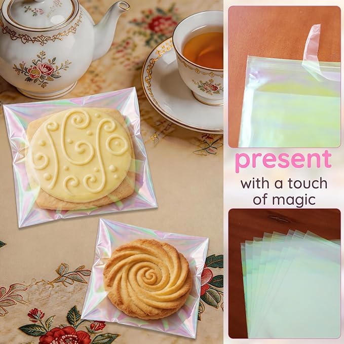 200Pcs Iridescent Cookie Bags Self Sealing Cellophane Treat Bags | Clear Resealable Adhesive Plastic Bags for Cookies, Candy, Party Favors, Gift Packaging (4x4 Inches)