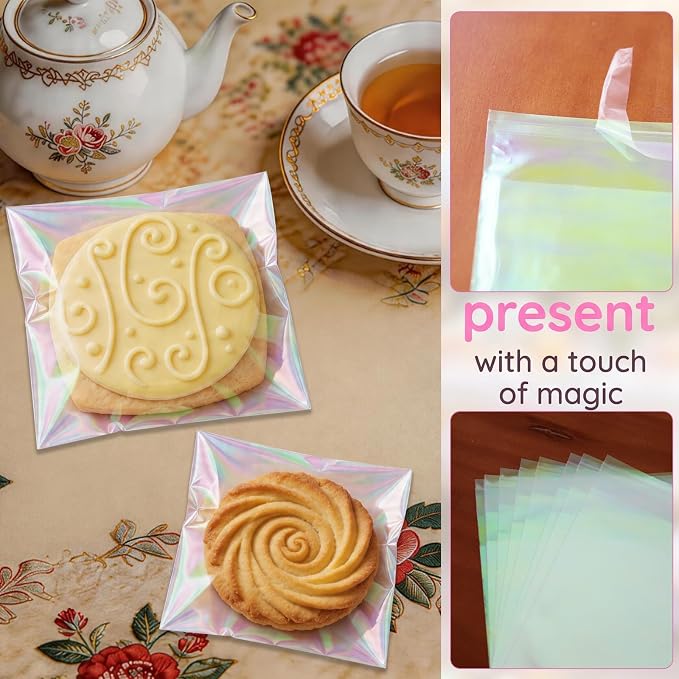 efivs arts 200Pcs Iridescent Cookie Bags,Self Sealing Cellophane Treat Bags | Clear Resealable Adhesive Plastic Bags for Cookies, Candy, Party Favors, Gift Packaging (5.5x5.5 Inches)