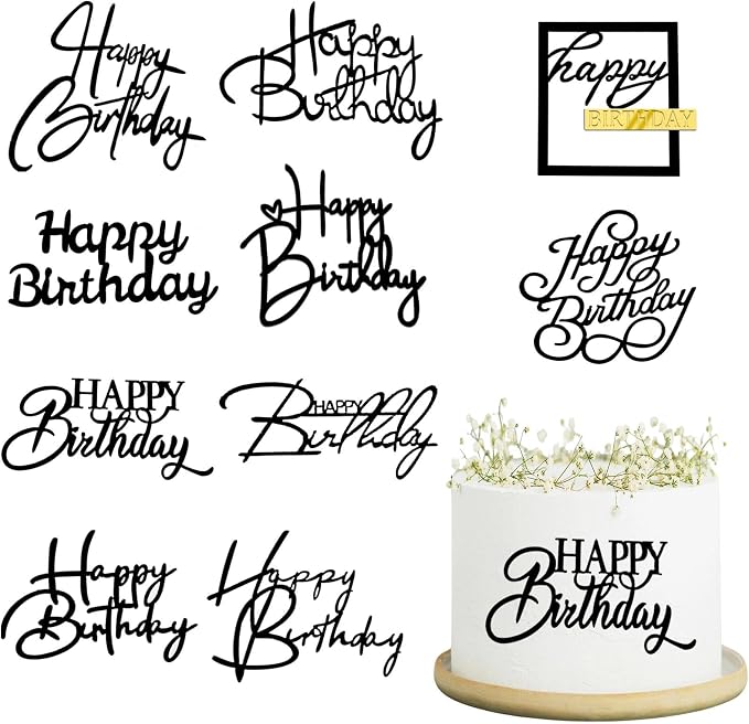 Wootkey 10 PCS Black Happy Birthday Cake Topper Mirror Acrylic Cupcake Toppers Double-Sided Happy Birthday Sign for Cake Side Cupcake DIY Birthday Gift Flower Bouquet Decor