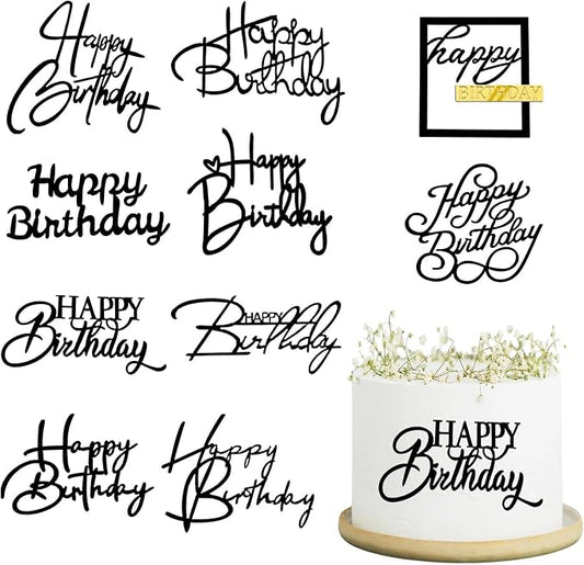 Wootkey 10 PCS Black Happy Birthday Cake Topper Mirror Acrylic Cupcake Toppers Double-Sided Happy Birthday Sign for Cake Side Cupcake DIY Birthday Gift Flower Bouquet Decor