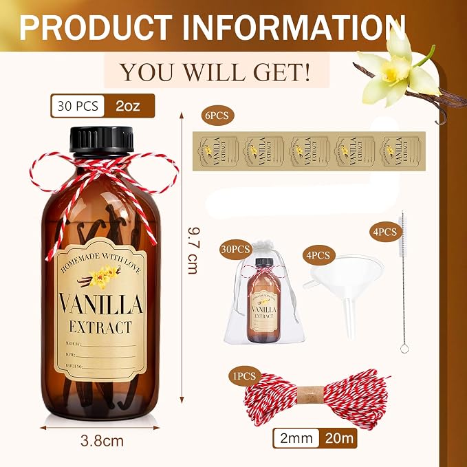 30Pcs 2 Oz Amber Glass Bottle Boston Round Bottles for Vanilla Extract Homemade,Brown Vanilla Extract Jars with Caps for Syrup Gift Glass Food Storage Canister and Sauce Beans