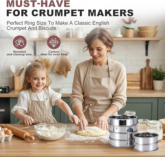 16Pcs Crumpet Rings Set, 4 & 3.15 Inch Nonstick English Muffin Rings, Stainless Steel Double Rolled Tart Ring, Round Metal Pastry Ring Molds for Baking Cake Dessert Food Making Tool