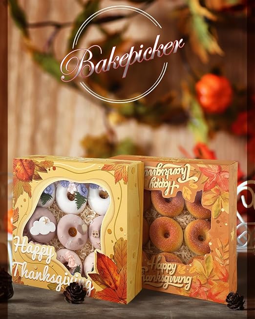 Bakepacker Fall Thanksgiving Treat Boxes with Window Cookie Boxes 30pcs Leaves Pie Boxes 9x9x2.5 inches Easy Assemble Macaroon Bakery Boxes for Party Supplies (Auto-pop Up)