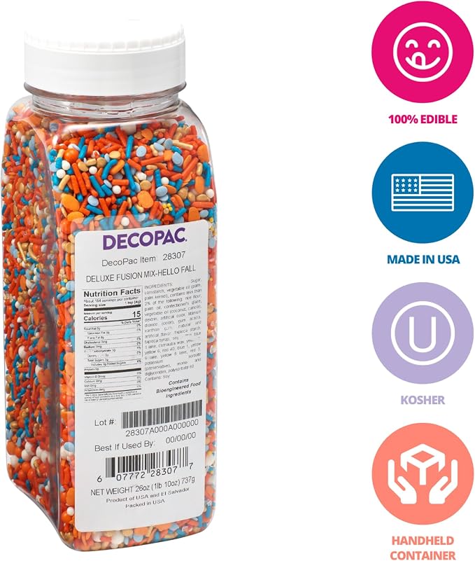 DecoPac Fall Deluxe Fusion Mix Sprinkles, 26oz, Shaped Candy Sprinkles in Handheld Container, Edible Decorations For Thanksgiving Celebration Cakes, Cupcakes, Cookies and Donuts