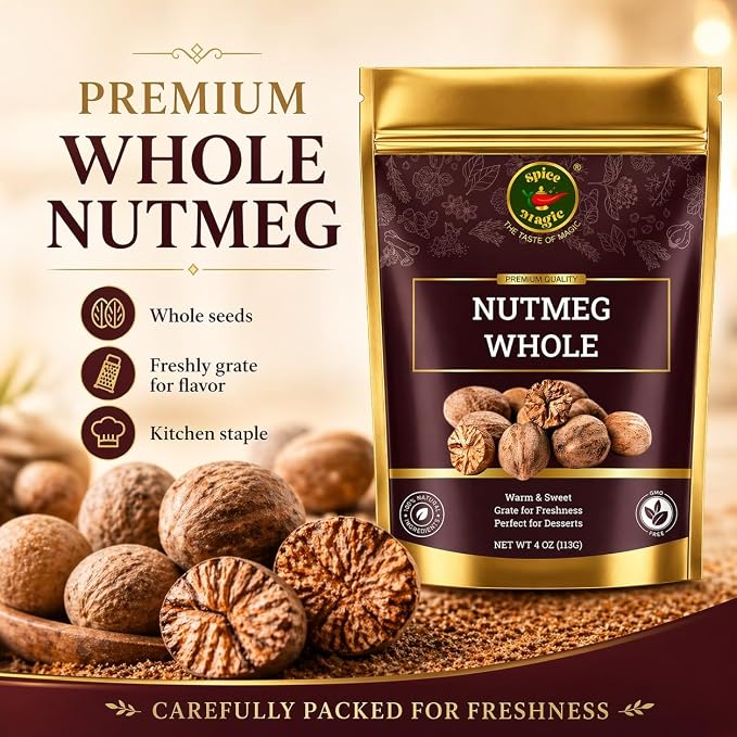 Spice Magic Whole Nutmeg 4 oz, Jaiphal Nuez Moscada – 100% Pure Natural Nutmeg Seeds for Grating, Non-GMO Gluten Free, for Baking, Cooking, Coffee, Tea, Hot Chocolate, Eggnog & Desserts