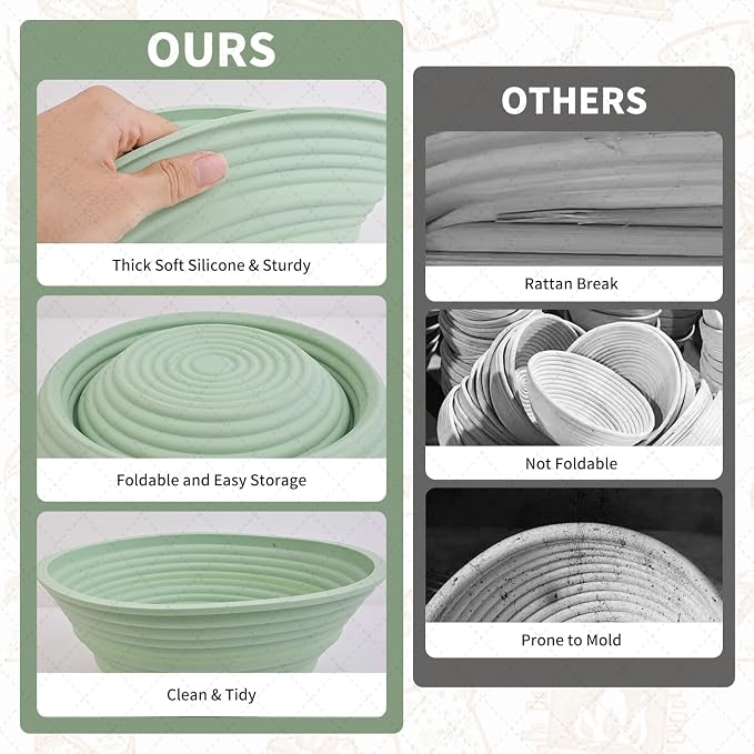 2Pcs Silicone Banneton Bread Proofing Baskets, 10" Oval & 9" Round Foldable Non-Stick Dough Proofing Bowl Containers-BPA Free, Optimum Sourdough Bread Baking Supplies (Green)