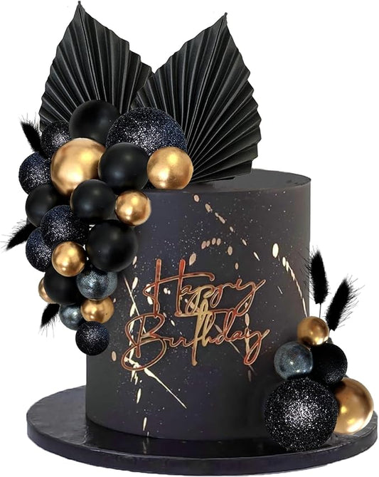 38 PCS Balls Cake Toppers Palm Leaves Cake Decorations for Birthday Wedding Baby Shower Party Supplies (Black)