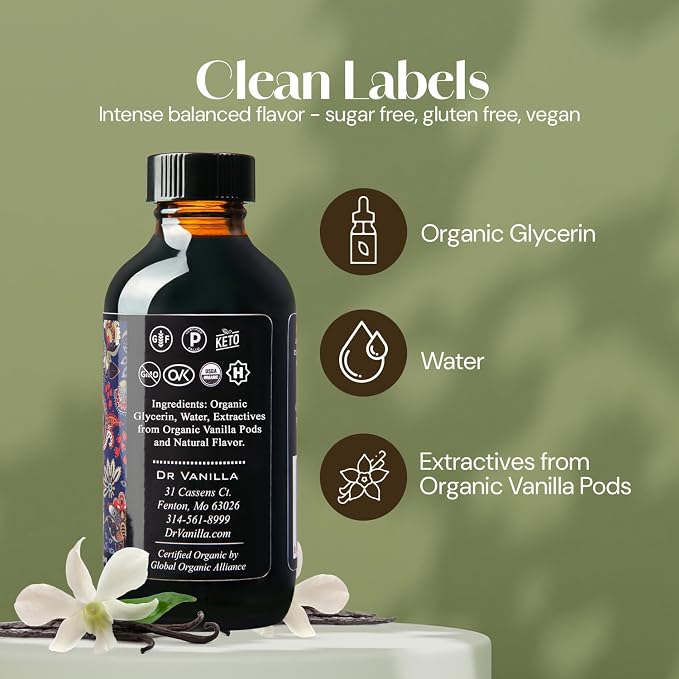 Organic Vanilla Alcohol‑Free Flavor, 4 fl oz - Madagascar Bourbon vanilla, 100% natural, sugar‑free, GMO‑free, gluten‑free, vegan, paleo, keto, kosher, and halal