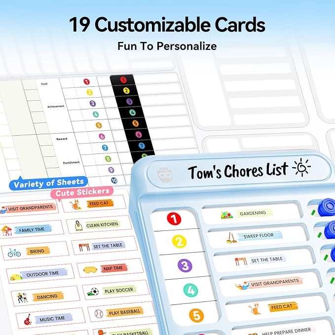 Magnetic Chore Chart Board with Sliders 19 Personalizable Sheets and Marker, Magnetic Fridge Whiteboard for Checklist Chore Chart for Multiple Kids, Daily Routine Chart for Habit Tracker - Blue