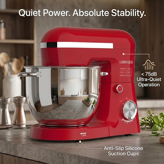 6in1 Stand Mixer with 6.5 Quart Bowl, 660W 10+p Speeds Kitchen Food Mixer Tilt-Head Bread Dough and Cake Mixers for Home Daily Use (Red)