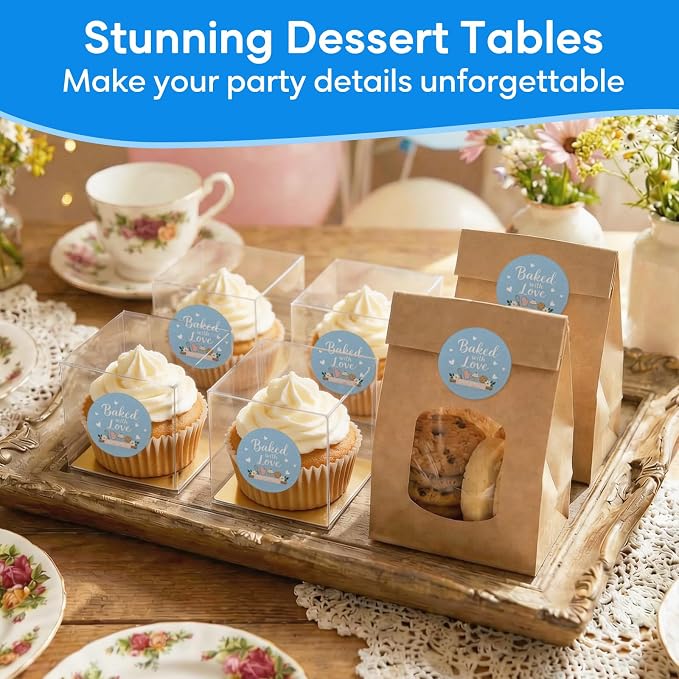 Baked with Love Stickers 120PCS 1.6 Inch Round Baking Labels for Cookies Cupcakes Dessert Table Treat Bags Gift Wrapping Birthday Party Candy Bags Homemade Packaging Small Business (Blue)