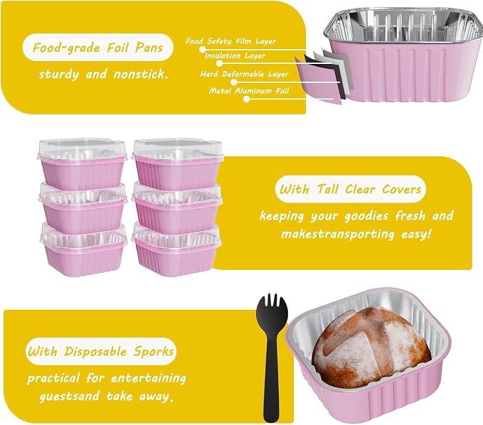 100 Pack Square Mini Cake Pans with Lids,Mini Loaf Pans with Lids,Aluminum Foil Baking Cups,Disposable Ramekins Cupcake Cups,Dessert Cups for Wedding Birthday Party Picnics,5oz (Pink)
