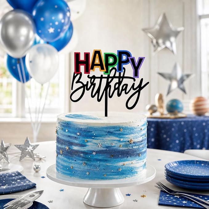 Acrylic Black Happy Birthday Cake Topper, 7.5" x 6" Rainbow Birthday Cake Decoration (Black)