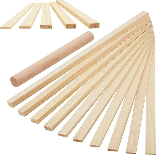 FairySandy 11 Pcs Pottery Teaching Rolling Mud Stick Guide and Wood Rolling Pin Set Include 10 Pcs 15.8 x 0.8 Inches Mudboard Guide and Clay Roller Tools for Manual Self Made Clay Gift Decoration