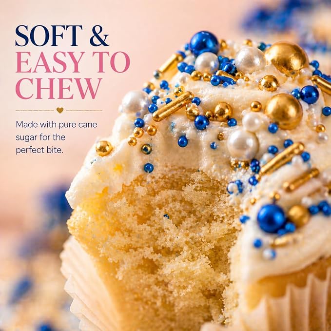 Confect Edible Sprinkles – Marine Royalty Theme – Assorted Pack with Navy Blue & Champagne Gold Dragees, Gold Jimmies & Bright Blue Sparkling Sugar – Sprinkles for Cake Decorating- Vegan, Gluten-Free, Nut-Free, Soy-Free, Dairy-Free, Palm Oil-Free-5 Oz