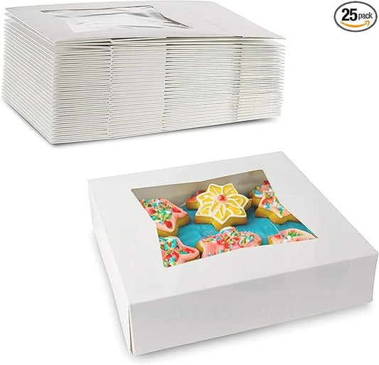 MT Products White Cookie Boxes - Size of 8" X 8" X 2.5" - (25 Pieces) Auto Pop-Up Bakery Boxes with Window - Made in the USA