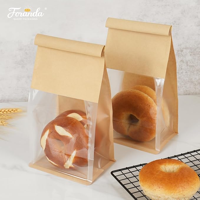 100 Pack Bakery Bags with Window, 5.1x3.9x11 Inches Tin Tie Tab Lock Resealable Cookie Bags for Packaging Bagels, Bread Loaf, Pastry, Baked Goods | Thick Material