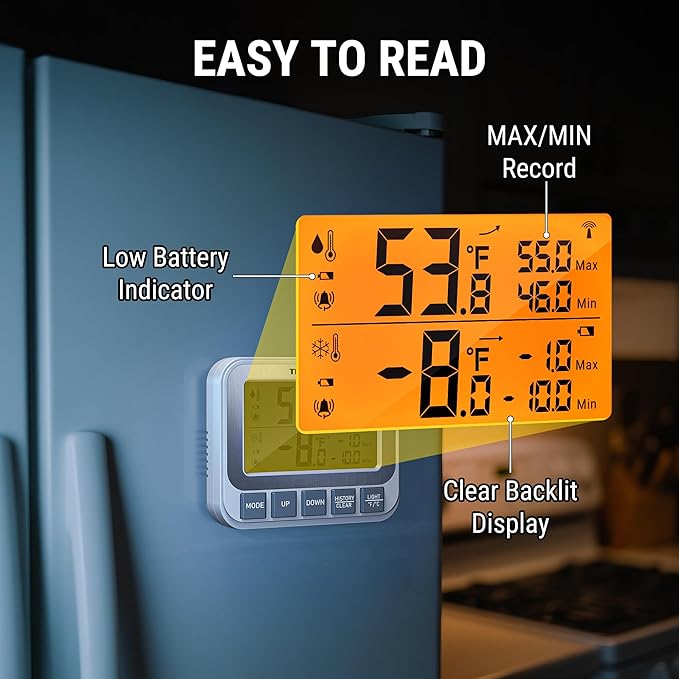 TempPro Wireless Freezer Fridge Thermometer with Alarm, High Accuracy, Rechargeable Refrigerator Thermometer with Backlit LCD Display, Battery Included (Previously ThermoPro)