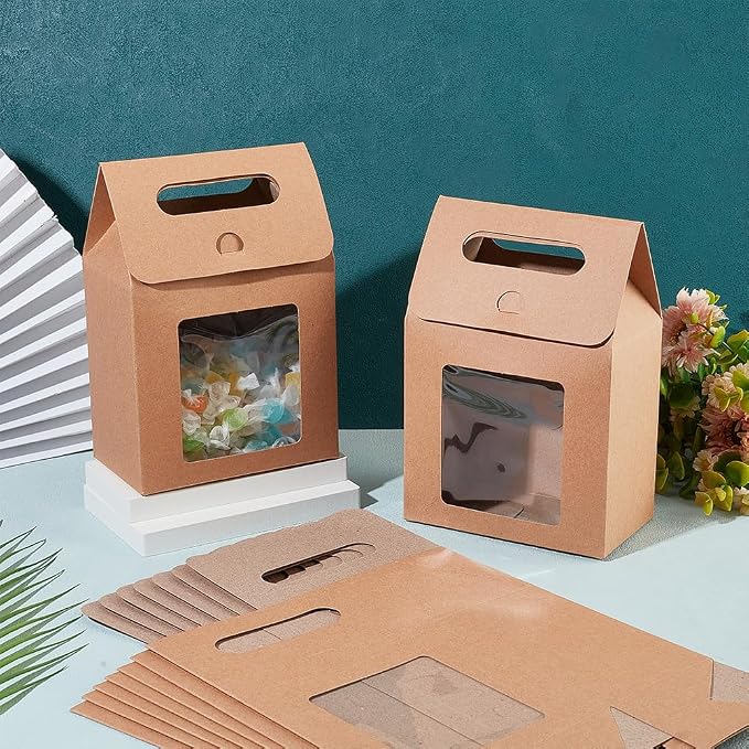 PH PandaHall 12pcs Treat Gift Boxes Kraft Paper Boxes Dessert Bakery Boxes with Display Window Packing Box for Valentine Mother's Day Easter Birthday Party 3.1x5.2x5 inch