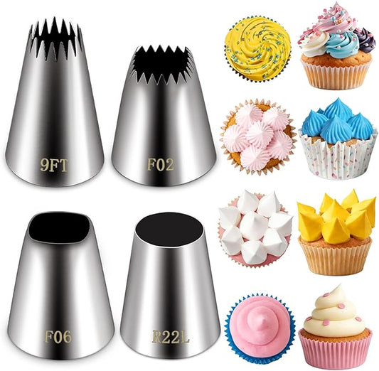 Suuker 4 Pieces Extra Large Piping Tips Set (F02 F06 9FT R22L) | Stainless Steel, Round Star Square Wide Jumbo, Cake Cupcake Cookie Decorating, Eclair Churro Meringue