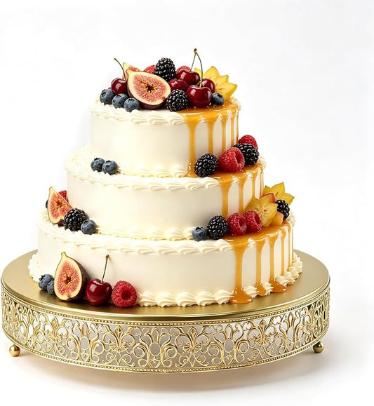 14 Inch Luxury Light Gold Cake Stand, Round Metal Dessert Display with Ornate Filigree Lace, Dual‑Coated Premium Finish for Wedding, Anniversary & Elegant Home Decor