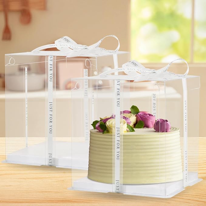 12x12x10inch 8Pcs Tall Cake Boxes Clear Display Gift Boxes with Ribbon,Pre Folded Lid for 10" and 11" Inch Tall Layer Tiered Cakes and Bakery Display Birthday Wedding Party(Clear , 12*12*10inch/8Pcs)