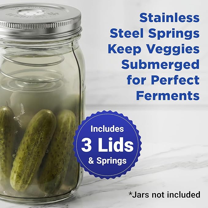 Ultimate Fermentation Kit to Make Probiotic Vegetables: Sauerkraut, Kimchi, Pickles w/FREE Digital Guide, 3 Fermenting Springs & Venting Lids for Easy Pickling in Wide Mouth Mason Jars (Not Included)