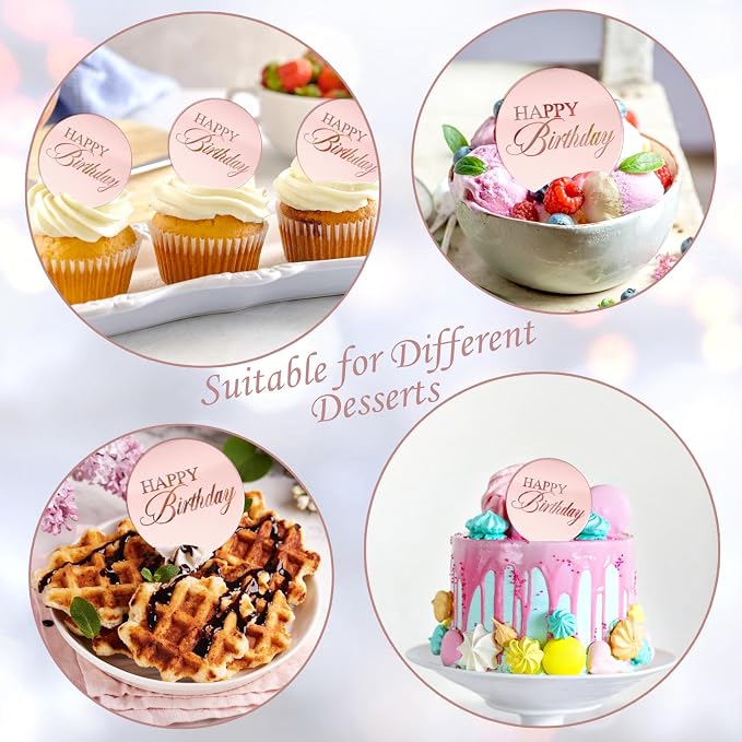 20pcs Pink Birthday Cupcake Toppers Acrylic Cake Picks for Party Decor | Mirror Design Rose Gold Birthday Party Supplies Round Picks DIY Gifts Flower Bouquet Pastries Desserts Decor
